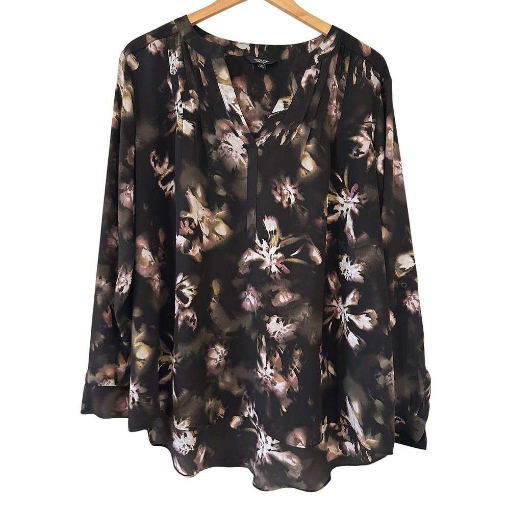 Simply Vera Vera Wang Womens XL Floral V Neck Pleated Blouse Black Work Church